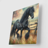 Zwarte Fresian Horse Pasture Rustic Fence Vierkante Klok (Hoek)