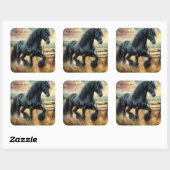 Zwarte Fresian Horse Pasture Rustic Fence Vierkante Sticker (Vel)