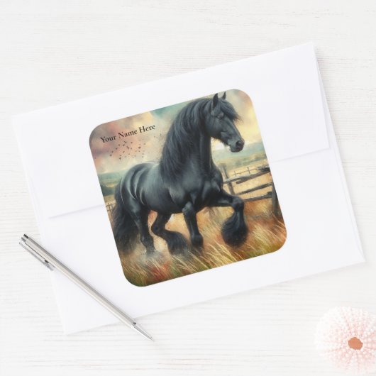Zwarte Fresian Horse Pasture Rustic Fence Vierkante Sticker (Envelop)