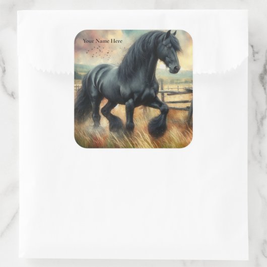 Zwarte Fresian Horse Pasture Rustic Fence Vierkante Sticker (Tas)
