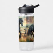 Zwarte Fresian Horse Pasture Rustic Fence Waterfles (Links)