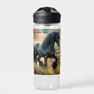 Zwarte Fresian Horse Pasture Rustic Fence Waterfles
