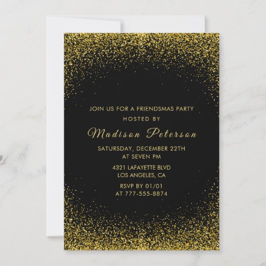 Zwarte Friendsmas uitnodigingen Gouden Glitters (Voorkant)