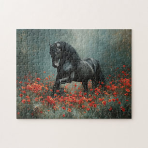 Zwarte Friese hengst Rode klaprozen Legpuzzel