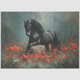 Zwarte Friese Hengst Rode Poppies Decoupage Tissuepapier