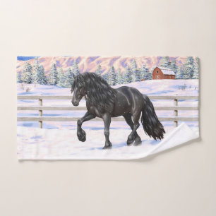 Zwarte Friesian Draft Horse Trotting in sneeuw Bad Handdoek