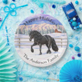 Zwarte Friesian Draft Horse Trotting in sneeuw Papieren Bordje (Feest)