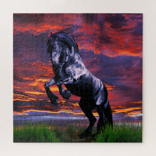 Zwarte Friesian/frisian stallion sunset - met cart Legpuzzel