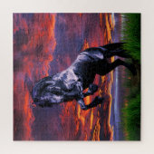 Zwarte Friesian/frisian stallion sunset - met cart Legpuzzel (Verticaal)