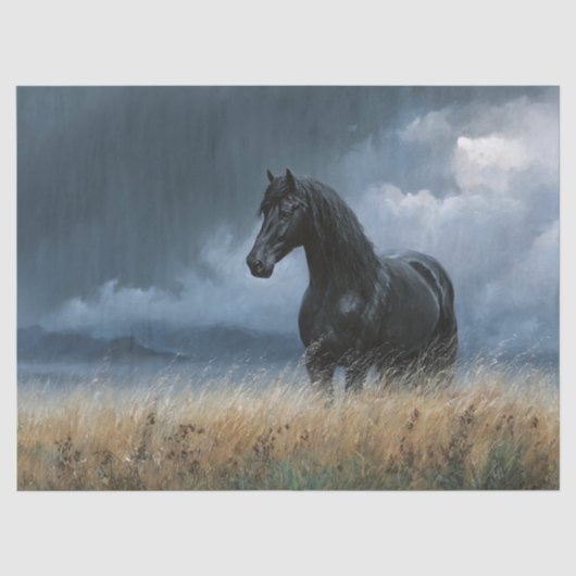 Zwarte Friesian Hengst Dramatische Decoupage Tissuepapier (Voorkant)