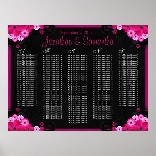Zwarte Fuchsia Floral Wedding Table Zitplaatsen Poster (Voorkant)