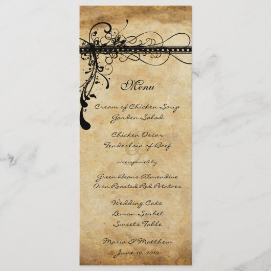 Zwarte funky elegante wervelingen trouwmenu menu (Voorkant)