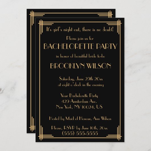 Zwarte Gatsby Art Deco vrijgezellenfeest uitnodigi Kaart (Voorkant / Achterkant)