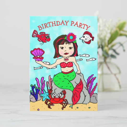 Zwarte gebakken zeemeermin onder Zee Birthday Part Kaart (Staand voorkant)