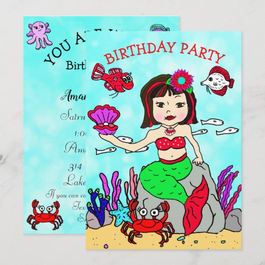 Zwarte gebakken zeemeermin onder Zee Birthday Part Kaart (Voorkant / Achterkant)