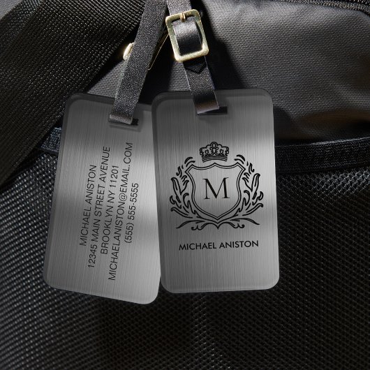 Zwarte Geborstelde Metalen Koninklijk Wapen Monogr Bagagelabel