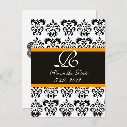 ZWARTE GEEL EN WITTE DAMASKMONOGRAM AANKONDIGINGSKAART (Voorkant / Achterkant)