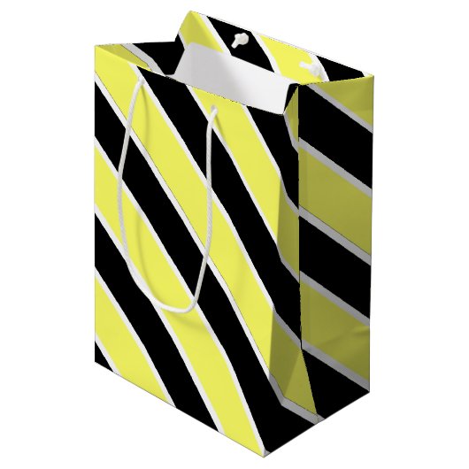 Zwarte, gele en witte strepen medium cadeauzakje (Voorkant Gekanteld)