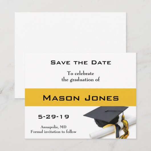 Zwarte Gele Gele Gradup en Aangepast Tassel Save The Date (Voorkant / Achterkant)