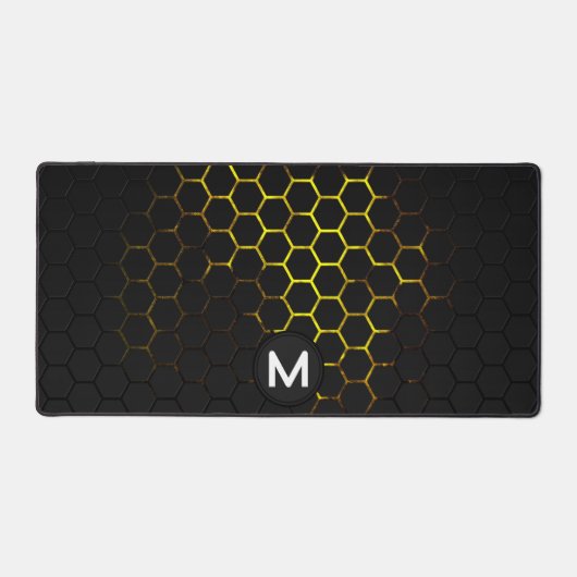 Zwarte gele honingraatgeometrie Monogram Bureaumat (Voorkant)