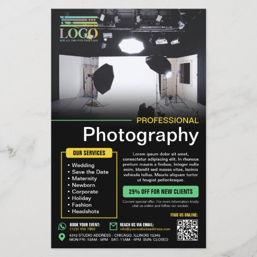 Zwarte Gele Munt Professionele Fotografie Logo Flyer (Voorkant)