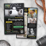 Zwarte Gele Munt Professionele Fotografie Logo Flyer<br><div class="desc">Zwarte marketing flyer voor een professionele fotograaf gepersonaliseerd met uw foto's, logo's, contactgegevens, aangepaste tekst en QR-code. Voeg je werk toe aan deze promo flyer voor een professioneel fotografiebedrijf met fel geel en mintgroen als accentkleuren. Voeg uw specialiteiten en aanbiedingen en huidige kortingspromo toe. Toon op de achterkant een voorbeeld...</div>