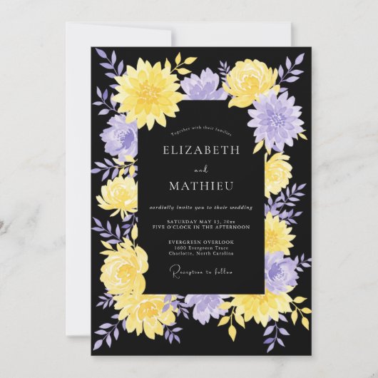 Zwarte Gele Paarse Dahlia Bruiloft Kaart (Voorkant)