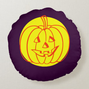Zwarte gele paarse schedels kat maan Halloween Rond Kussen
