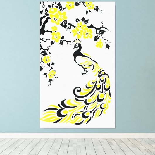 Zwarte gele pauw en kersenbloesems op maat canvas afdruk (Insitu (Houten vloer))