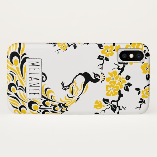 Zwarte gele pauw & kersenbloesem art nouveau Case-Mate iPhone case (Achterkant (horizontaal))