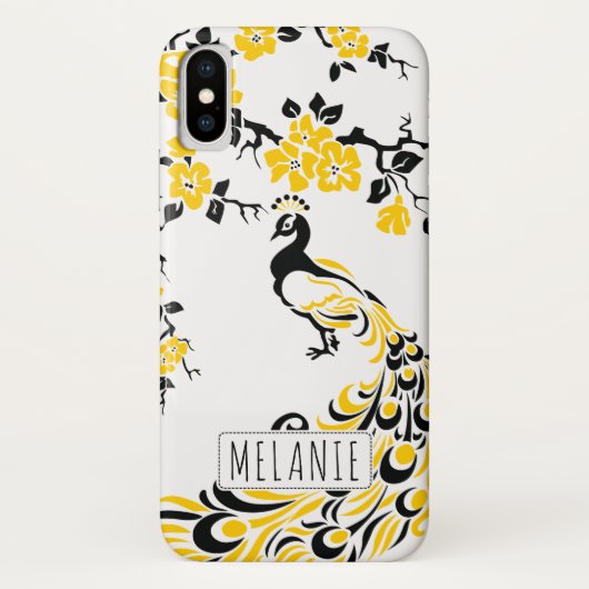 Zwarte gele pauw & kersenbloesem art nouveau Case-Mate iPhone case (Achterkant)