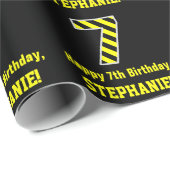 Zwarte & gele strips "7"; 7e verjaardag + naam cadeaupapier (Rol Hoek)