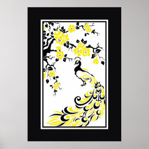 Zwarte, gele, witte pauw en kersenbloesems poster