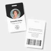 Zwarte gepersonaliseerde foto, logo, barcode werkn badge (Voor- en achterkant)