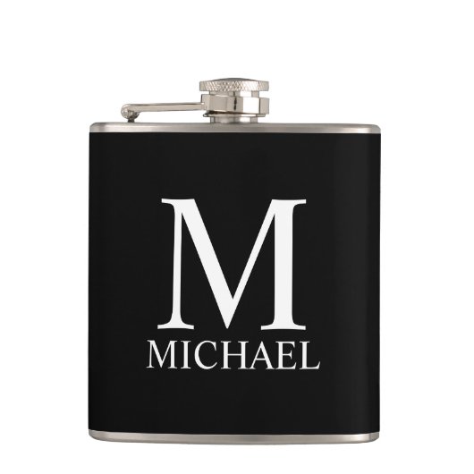 Zwarte gepersonaliseerde monogram en naam heupfles (Voorkant)