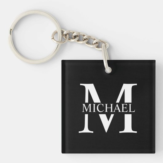Zwarte gepersonaliseerde monogram en naam sleutelhanger (voorkant)