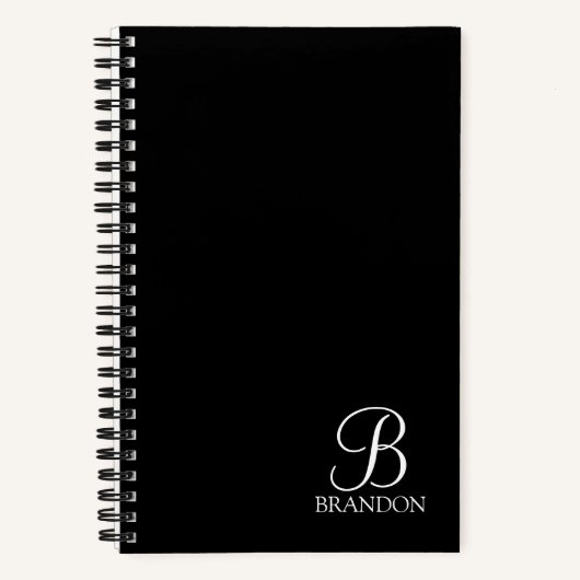 Zwarte gepersonaliseerde script monogram en naam notitieboek (Voorkant)