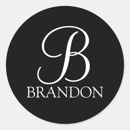 Zwarte gepersonaliseerde script monogram en naam ronde sticker (Voorkant)