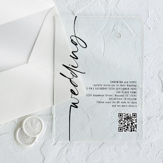 Zwarte Geroteerde Kalligrafie QR Code Huwelijk Acryl Uitnodigingen