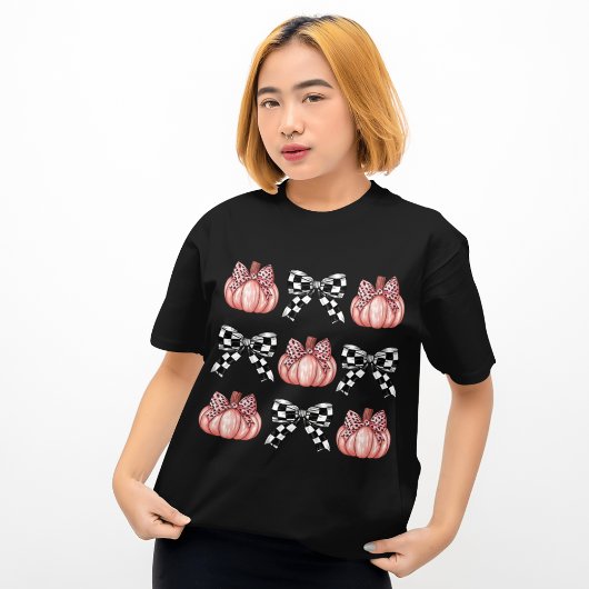 Zwarte Geruite Bow Coquette Roze Luipaard Pompoen T-shirt