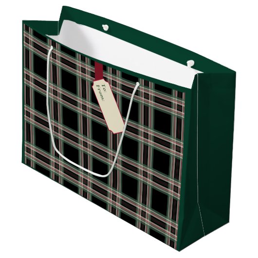 Zwarte geruite naamlabel kerstcadeautas groot cadeauzakje (Voorkant Gekanteld)