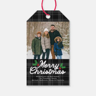 Zwarte geruite vrolijke kerst foto cadeaulabel