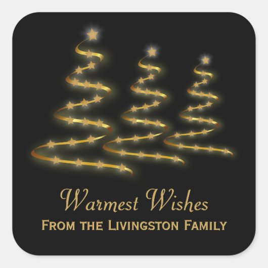 Zwarte gestileerde kerstbomen met gouden linten vierkante sticker (Voorkant)