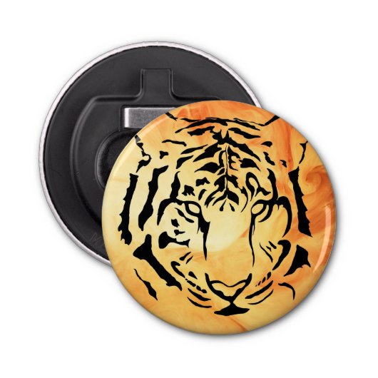 Zwarte gestreepte tijger op vurig Sinaasappel Button Flesopener (Voorkant)