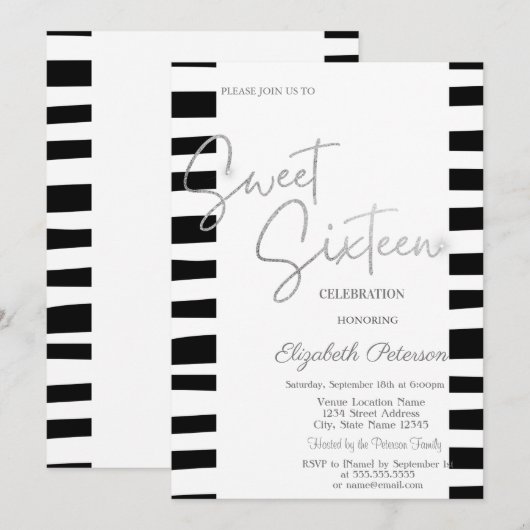 Zwarte gestreepte zilveren script Sweet 16 Kaart (Voorkant / Achterkant)