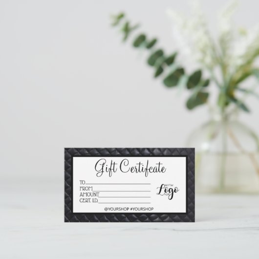 Zwarte gewatteerde relatiegeschenkcertificaat mark visitekaartje (Staand voorkant)