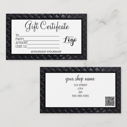 Zwarte gewatteerde relatiegeschenkcertificaat mark visitekaartje (Voorkant / Achterkant)