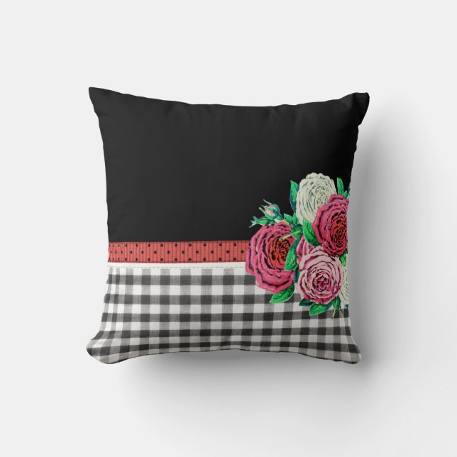 Zwarte Gingham en bloemen Kussen (Voorkant)