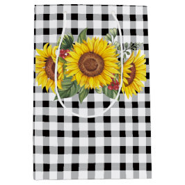 Zwarte Gingham en zonnebloemen bloemengeschenktas Medium Cadeauzakje