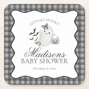 Zwarte Gingham Little Boo Geest Baby Shower Bar Kartonnen Onderzetters